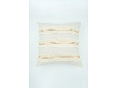 Özel Tasarım Jütlü Püsküllü Tekli Keten Krem Kırlent Kılıfı( 45 X 45)