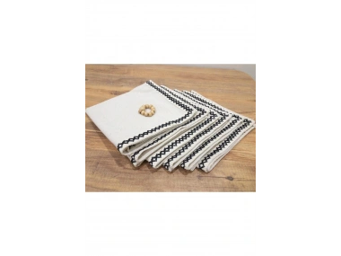 Organik Ham Keten Siyah Şeritli 6lı Ahşap Toka Hediyeli Peçete Takımı