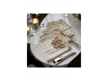 Organik Ham Keten Pasalı Saçaklı 6lı Ahsap Toka Hediyeli 40 X 40 Peçete Takımı