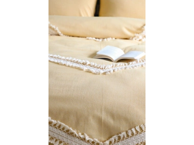 Sarı Renkli Pamuk Çift Ponponlu Çift Kişilik Nevresim Takımı