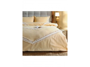 Sarı Renkli Pamuk Çift Ponponlu Tek Kişilik Nevresim Takımı(YEDEK YASTIKLI)