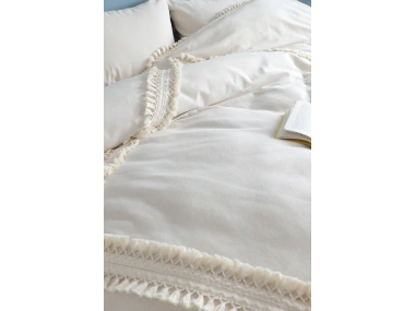 Ham Keten Baklava Desen Çift Ponponlu Tek Kişilik Nevresim Takımı