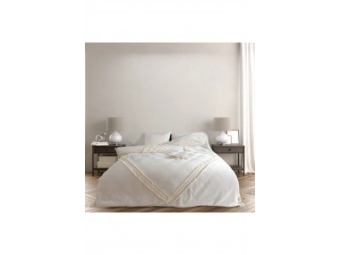 Ham Keten Baklava Desen Çift Ponponlu Tek Kişilik Nevresim Takımı