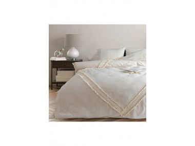 Ham Keten Baklava Desen Çift Ponponlu Tek Kişilik Nevresim Takımı