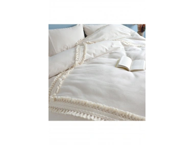 Ham Keten Baklava Desen Çift Ponponlu Tek Kişilik Nevresim Takımı