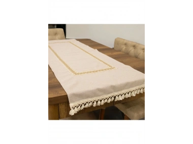 Keten Bej Renk Jüt Dantel Ponponlu Runner 50 X 150