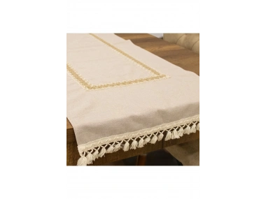 Keten Bej Renk Jüt Dantel Ponponlu Runner 50 X 150