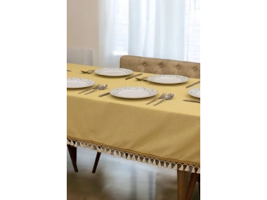 Sarı Pamuk Keten Kahverengi Şerit Ponponlu Masa Örtüsü