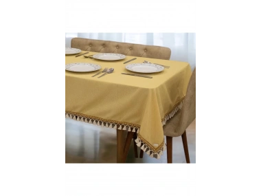 Sarı Pamuk Keten Kahverengi Şerit Ponponlu Masa Örtüsü