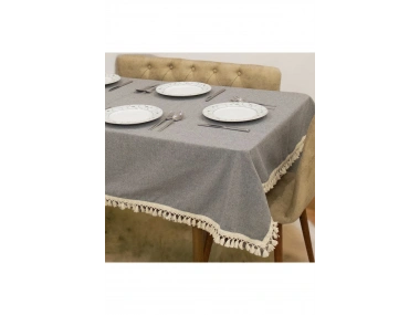 Gri Antrasit Pamuk Keten Ham Ponponlu Masa Örtüsü