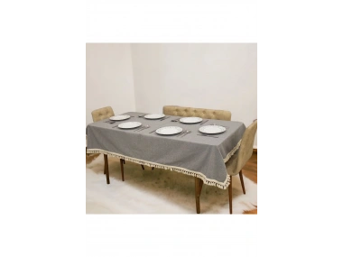 Gri Antrasit Pamuk Keten Ham Ponponlu Masa Örtüsü