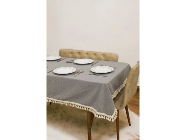 Gri Antrasit Pamuk Keten Ham Ponponlu Masa Örtüsü