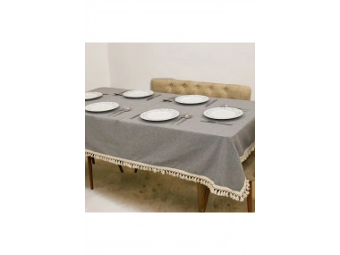 Gri Antrasit Pamuk Keten Ham Ponponlu Masa Örtüsü