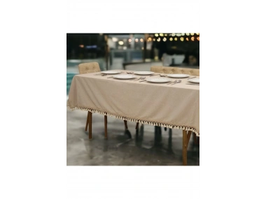 Bej Pamuk Keten Kahverengi Şerit Ponponlu Masa Örtüsü