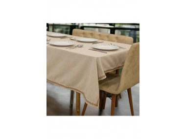 Bej Pamuk Keten Jüt Dantelli Masa Örtüsü