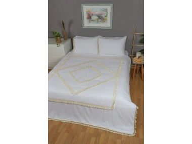 Beyaz Pamuk Keten Çift Kişilik Mozaik Ponponlu (yedek Yastıklı) Nevresim Takımı