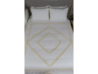 Beyaz Pamuk Keten Tek Kişilik Mozaik Ponponlu (yedek Yastıklı) Nevresim Takımı