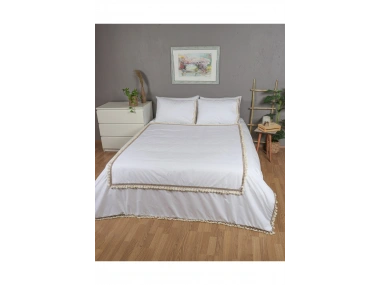 Beyaz Ponponlu %100 Pamuk Çift Kişilik Nevresim Takımı