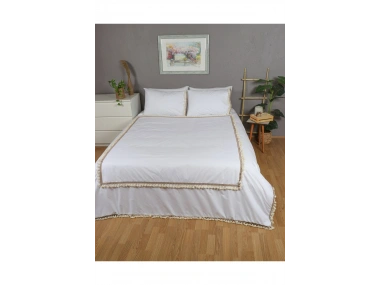 Beyaz Ponponlu %100 Pamuk Çift Kişilik Nevresim Takımı