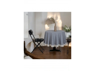 Gri Antrasit Keten Yuvarlak Masa Örtüsü (ham Ponponlu)