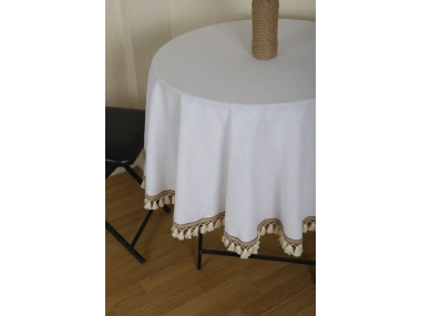 Beyaz Keten Şerit Ponponlu Yuvarlak Masa Örtüsü