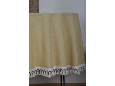 Sarı Keten Ham Ponponlu Yuvarlak Masa Örtüsü