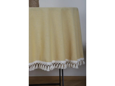 Sarı Keten Ham Ponponlu Yuvarlak Masa Örtüsü