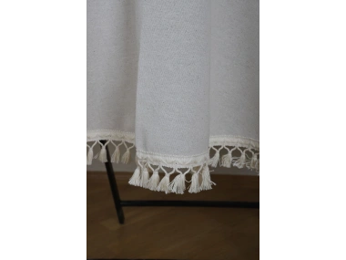 Beyaz Pamuk Keten Yuvarlak Ham Ponponlu Masa Örtüsü