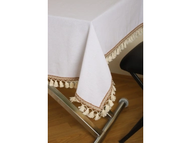 Beyaz Pamuk Keten Şerit Ponponlu Masa Örtüsü