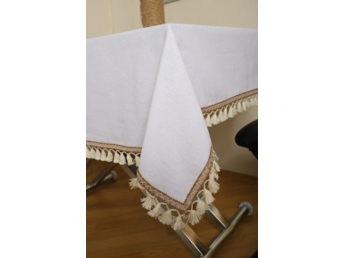 Beyaz Pamuk Keten Şerit Ponponlu Masa Örtüsü