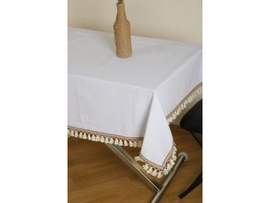 Beyaz Pamuk Keten Şerit Ponponlu Masa Örtüsü