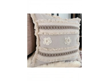 Kalın Dantel Püsküllü ve Motifli Keten Krem Kırlent Kırlent Kılıfı (43 x 43)