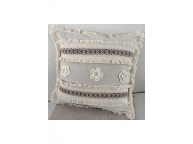 Kalın Dantel Püsküllü ve Motifli Keten Krem Kırlent Kırlent Kılıfı (43 x 43)