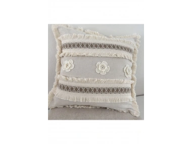 Kalın Dantel Püsküllü ve Motifli Keten Krem Kırlent Kırlent Kılıfı (43 x 43)