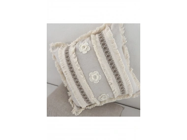 Kalın Dantel Püsküllü ve Motifli Keten Krem Kırlent Kırlent Kılıfı (43 x 43)