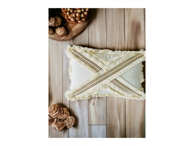 Çapraz Çoklu Püsküllü Keten Krem Kırlent Kırlent Kılıfı (35 x 55)