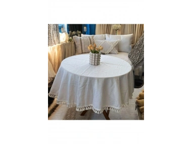 YUVARLAK Ham Keten Krem Ponponlu Masa Örtüsü