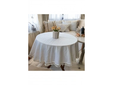 YUVARLAK Ham Keten Krem Ponponlu Masa Örtüsü