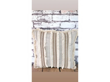 Üç Dantelli Püsküllü Ham Keten Krem Kırlent Kılıfı