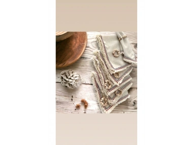 6LI Mini Püsküllü Ham Keten Peçete Takımı (AHŞAP TOKA HEDİYELİ)