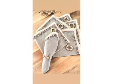 6LI Bej Keten Püsküllü (AHŞAP TOKA HEDİYELİ) Peçete takımı