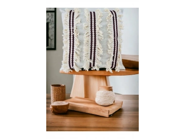 3Püsküllü Ara Desenli Keten Krem Kırlent Kırlent Kılıfı