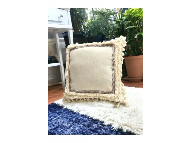 Dört Kenar Püsküllü Keten Krem Kırlent Kırlent Kılıfı43x43][