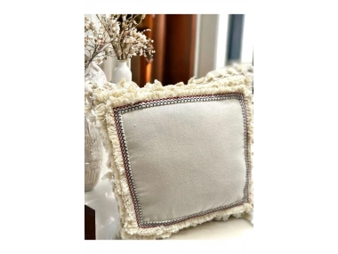 Dört Kenar Püsküllü Keten Krem Kırlent Kırlent Kılıfı43x43][