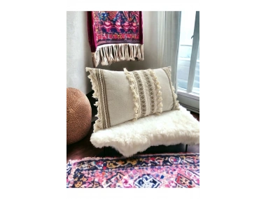 Özel Tasarım Kahverengi Dantelli Krem Kırlent Kırlent Kılıfı [35x55]