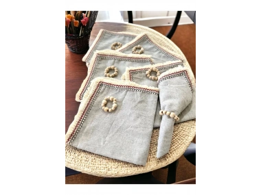 6LI Gri Keten Mini Püsküllü [Ahşap Toka Hediyeli] Peçete Takımı