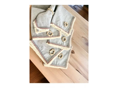 6LI Gri Keten Mini Püsküllü [Ahşap Toka Hediyeli] Peçete Takımı
