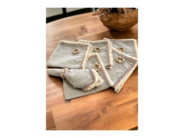 6LI Gri Keten Mini Püsküllü [Ahşap Toka Hediyeli] Peçete Takımı