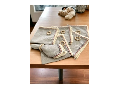 6LI Gri Keten Mini Püsküllü [Ahşap Toka Hediyeli] Peçete Takımı