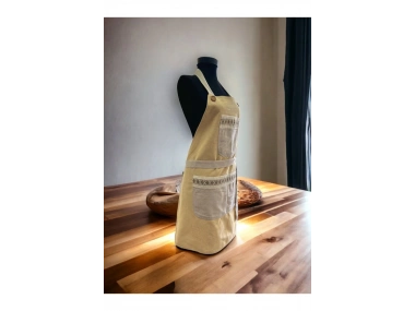 Sarı Renk Bej Cepli Keten Modern Etnik Tarz Çift Katlı Mutfak Önlüğü